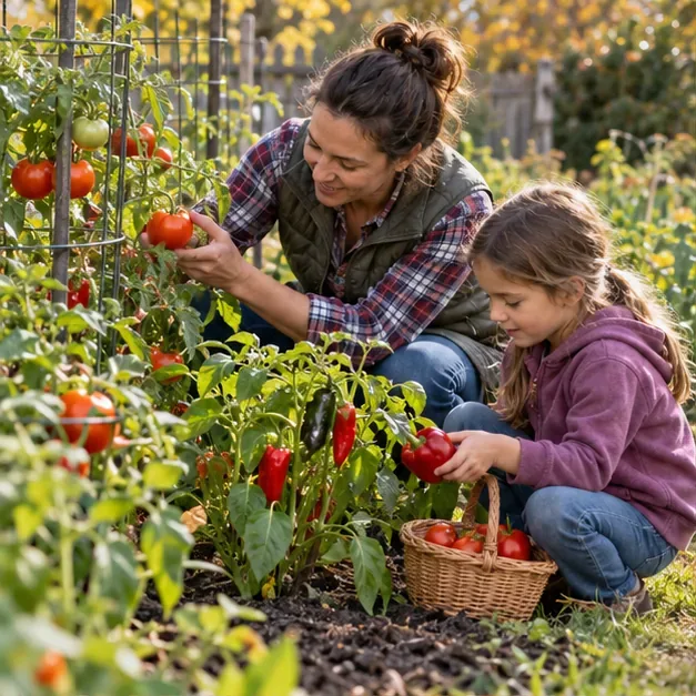A parent and child pick ripe tomatoes and peppers into a basket in an autumn vegetable garden