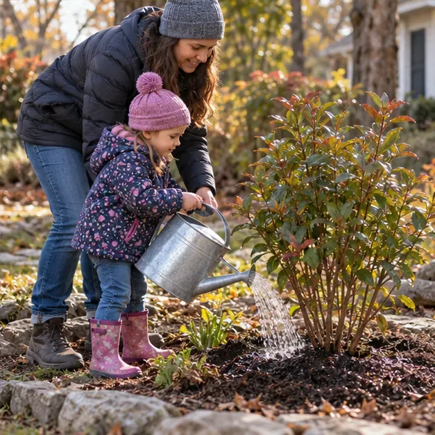 A parent helps a young child water the soil around a small shrub with a watering can