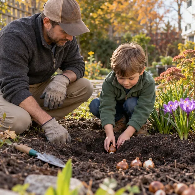 An adult and child place spring-flowering bulbs into a garden bed in autumn