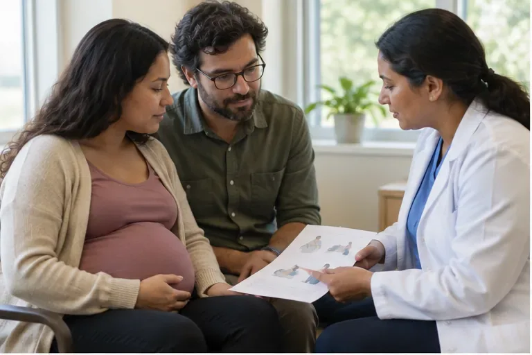 A pregnant person and support person review a birth-preferences sheet with an obstetric clinician during a prenatal visit.