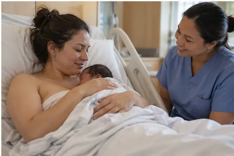 A parent holds a newborn skin-to-skin in a maternity room while a nurse checks in nearby.