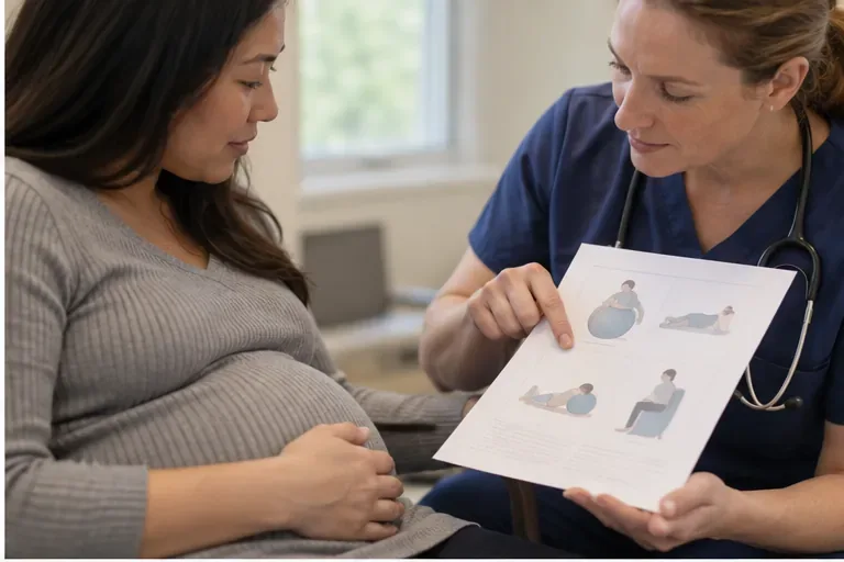 A pregnant person and maternity clinician look at illustrated labor positions together in a consultation room.