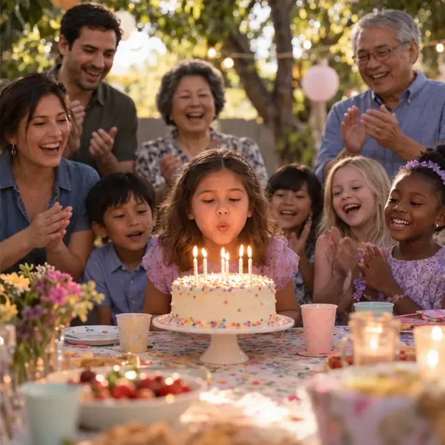A child blows out birthday candles while family and friends gather around the cake, smiling and singing in a backyard.