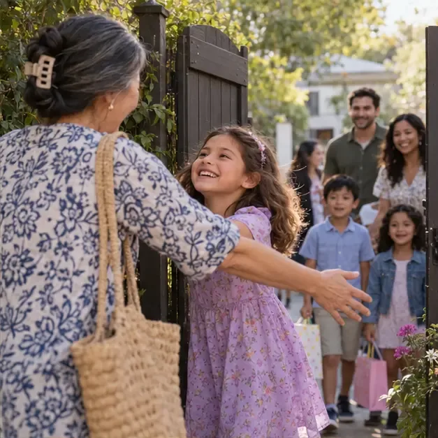 A child smiles while greeting a relative at a backyard gate as family members arrive for a birthday party.