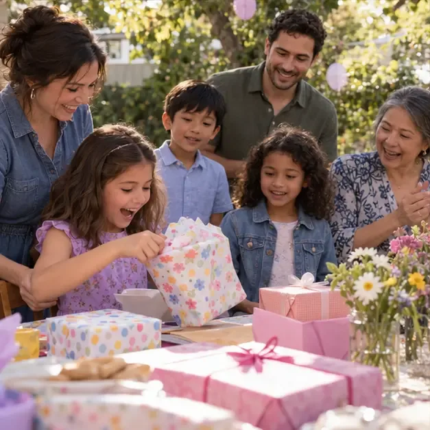 Sophie opens a wrapped birthday gift at a backyard table while family members smile and watch her reaction.
