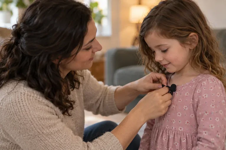 A caregiver clips a small wireless lavalier microphone to a child’s shirt while the child stands calmly beside her.