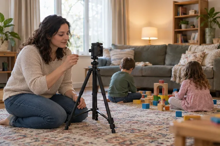 A caregiver tests a phone on a tripod in a carpeted family room while two children play with blocks behind her.