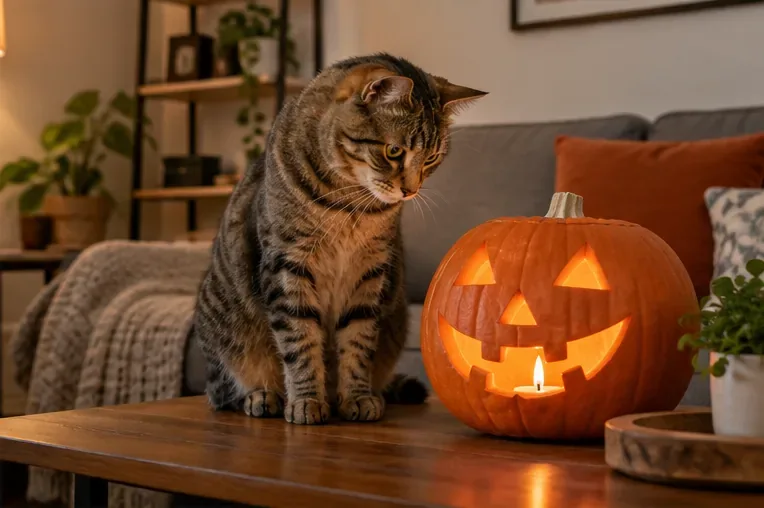Un gato atigrado está junto a una calabaza tallada que contiene una vela encendida sobre una mesa baja.