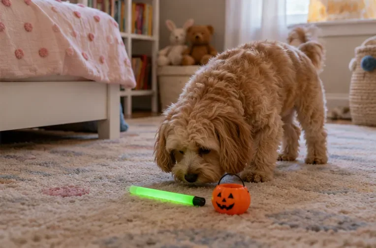 Un perro pequeño olfatea un bastón luminoso verde intacto y un pequeño adorno plástico de Halloween en una alfombra.