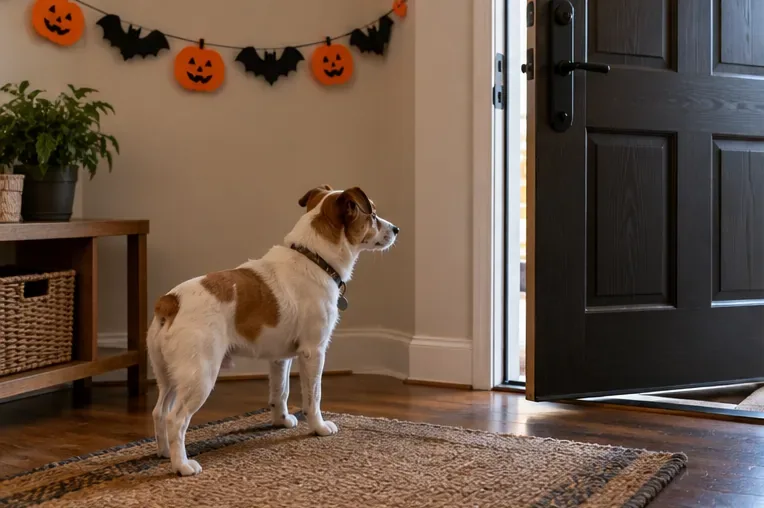 Un perro espera dentro de casa frente a una puerta de entrada entreabierta, con una guirnalda de Halloween en la pared.