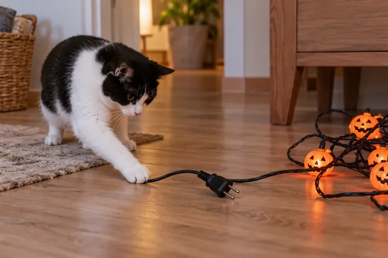 Un chat tend la patte vers le câble au sol d’une guirlande lumineuse d’Halloween débranchée.