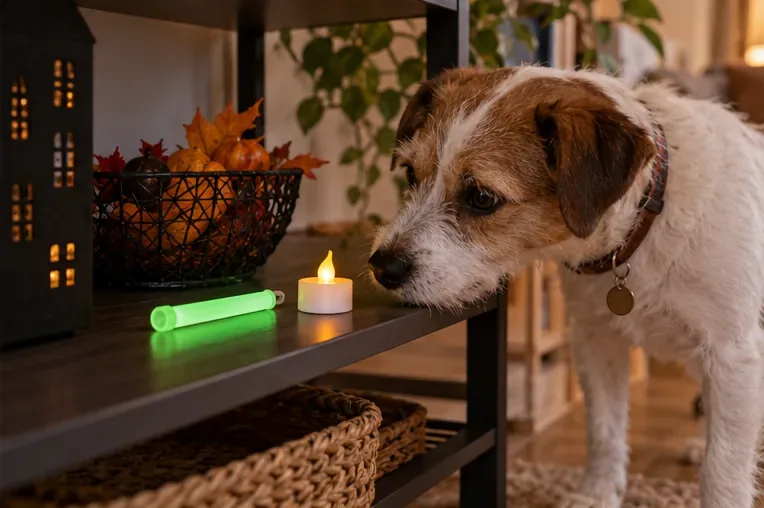Un petit chien renifle un bâton lumineux vert et une petite lampe décorative posés au bord d’une étagère basse.