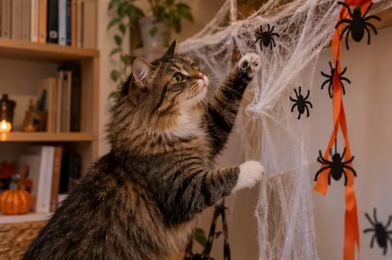 Un chat attrape avec la patte une toile d’araignée synthétique décorative et des rubans suspendus.