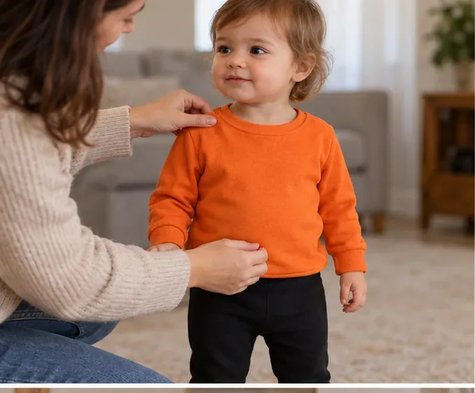Un tout-petit porte un sweat orange et un pantalon noir pendant qu’un adulte vérifie l’aisance du vêtement aux épaules et à la taille.