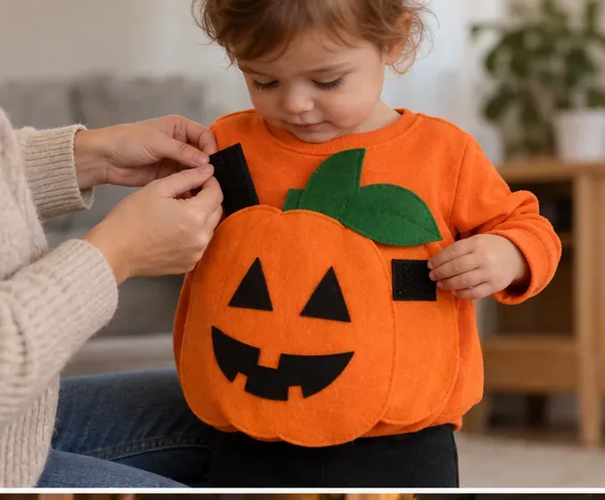 Un adulte ajuste une grande pièce de feutrine orange en forme de citrouille sur le devant du sweat d’un tout-petit.