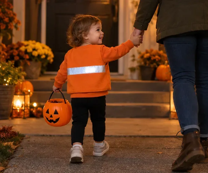 Un tout-petit en sweat orange marche main dans la main avec un adulte au crépuscule ; une large bande réfléchissante est visible dans son dos.