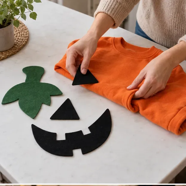 Una sudadera naranja y formas grandes de fieltro negro y verde se preparan sobre una mesa para un disfraz de calabaza.