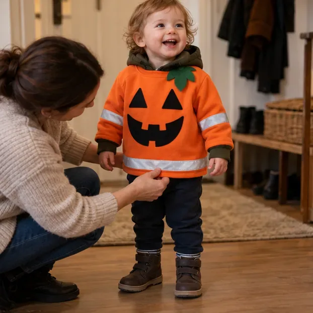 Un niño pequeño lleva una sudadera naranja de calabaza sobre ropa abrigada mientras una adulta comprueba que el bajo quede por encima de los zapatos.