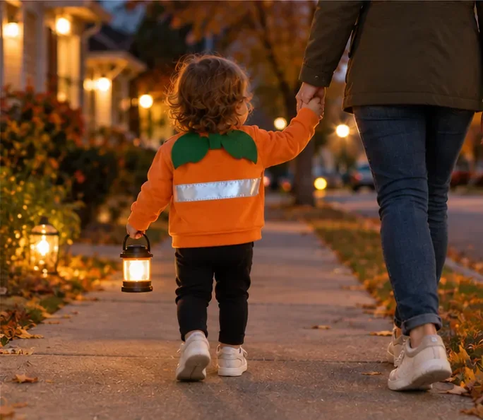 Criança pequena caminhando de mãos dadas com um adulto ao entardecer, vista de costas, usando camiseta laranja com faixa refletiva e carregando uma lanterna.