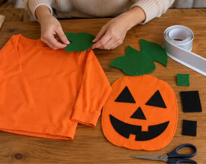 Camiseta laranja sobre uma mesa ao lado de grandes peças de feltro verde e preto, formato de abóbora e fita refletiva, com um adulto preparando os materiais.