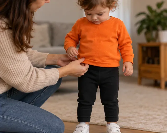 Adulto ajustando a barra de uma camiseta laranja em uma criança pequena usando calça preta e tênis branco dentro de casa.