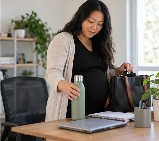 Pregnant woman packing a reusable water bottle beside her work bag.