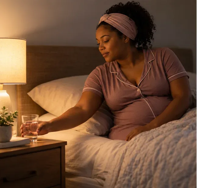 Pregnant woman setting a glass of water on a bedside table in a softly lit bedroom.