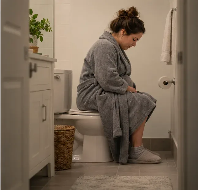 Pregnant woman seated on a toilet and leaning slightly forward in a private bathroom.