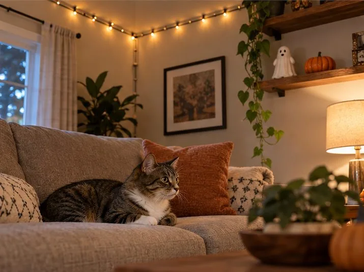 A tabby cat rests on a living-room sofa beneath string lights secured high along the wall.
