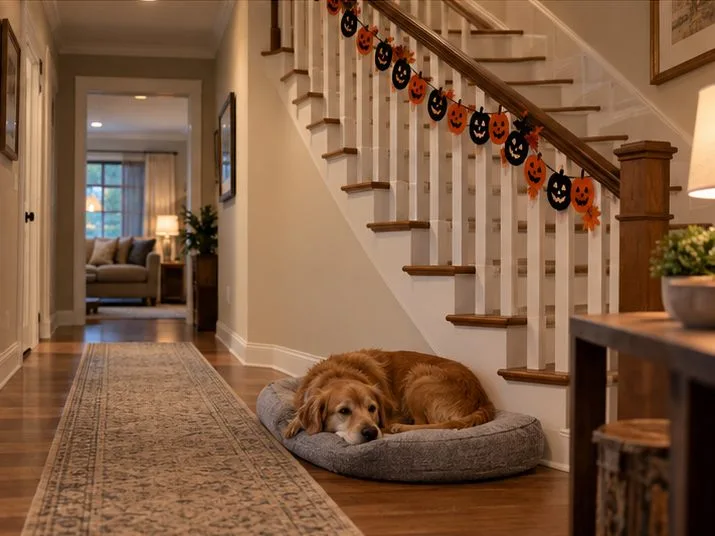 A dog rests in a bed beside a clear hallway, with a Halloween garland secured along the stair railing.