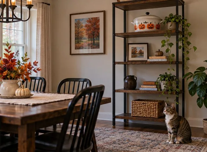 A Halloween treat container sits on a high dining-room shelf while a cat remains on the floor below.