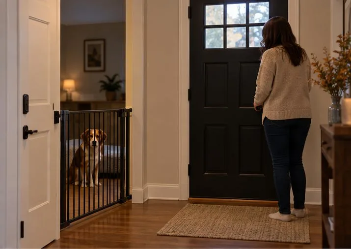 A homeowner stands by a closed front door while a dog waits behind an interior safety gate in the entryway.