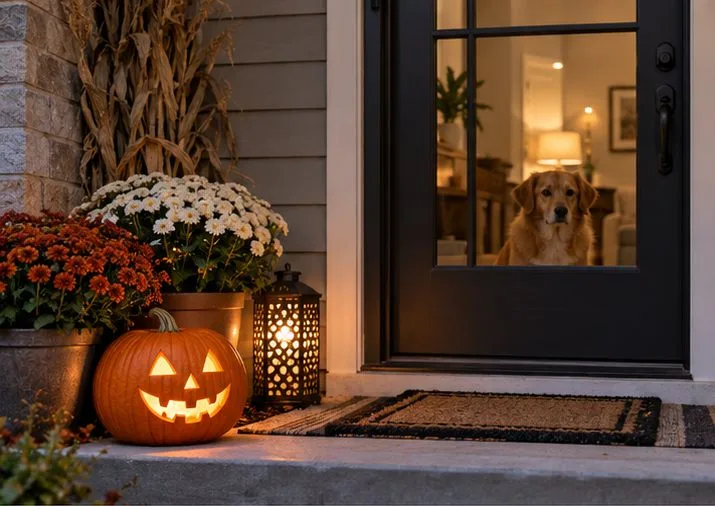 A glowing carved pumpkin sits on an autumn porch while a dog watches from indoors behind a glass door.