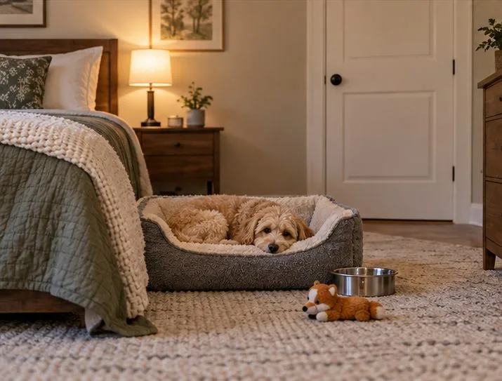 A small dog rests in a comfortable bed in a quiet bedroom with water and a familiar toy nearby.