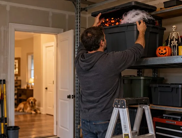 An adult places seasonal decorations in a storage tote on a garage shelf while a dog stays inside the home.