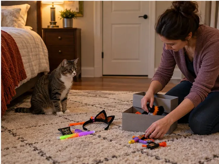 Eine Katze sitzt auf dem Schlafzimmerteppich, während eine Person Kostümteile vom Boden in eine Box räumt.