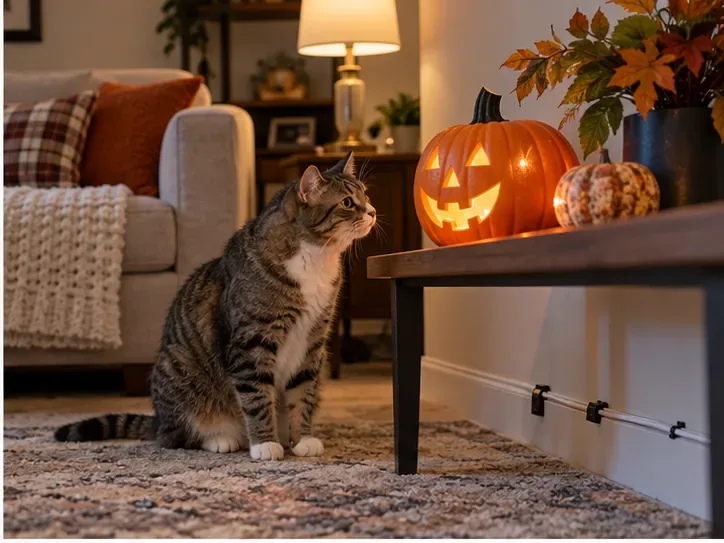 Eine Katze sitzt neben einem beleuchteten Halloween-Kürbis auf einem Wohnzimmertisch; ein Kabel ist an der Wand befestigt.