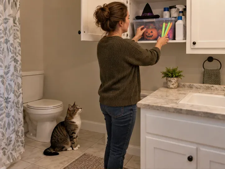 Eine Person räumt Leuchtstäbe und Halloween-Kleinteile in einen oberen Badezimmerschrank; eine Katze sitzt daneben.