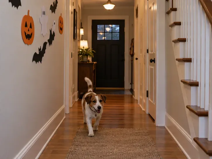 Ein kleiner Hund läuft durch einen freien Hausflur mit hoch befestigter Halloween-Papierdekoration.