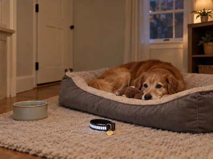 Ein entspannter Hund liegt in seinem Körbchen neben Wassernapf und Halsband mit Marke in einem ruhigen Zimmer.