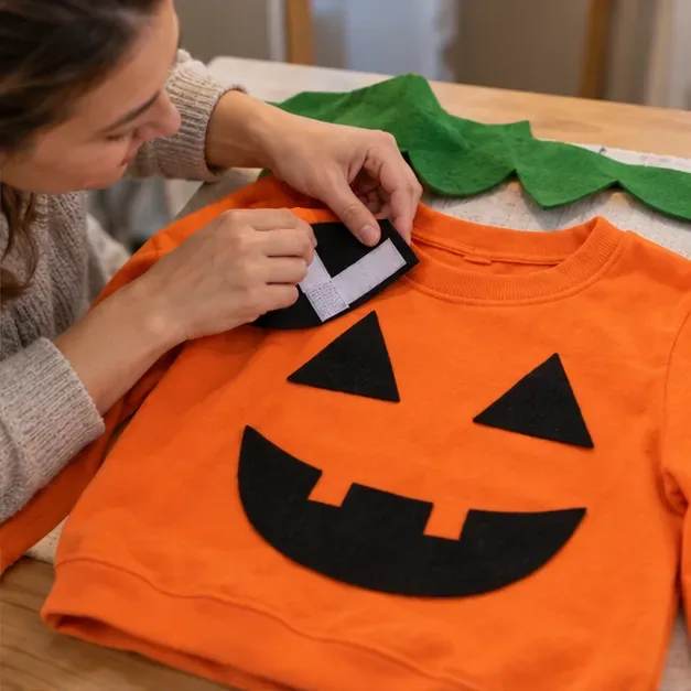 Eine erwachsene Person drückt eine große schwarze Filzform mit einem breiten Klettstreifen auf ein orangefarbenes Sweatshirt.