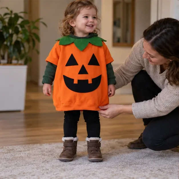 Ein Kleinkind trägt ein orangefarbenes Kürbisoberteil über warmer Kleidung; eine erwachsene Person prüft den Saum über den Schuhen.