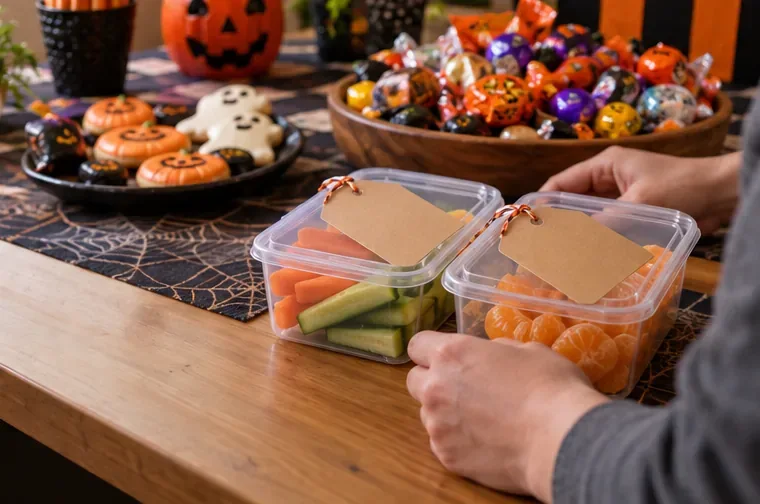 Zwei verschlossene transparente Snackboxen mit Gemüsesticks und Mandarinen stehen getrennt von einer Schale mit einzeln verpackten Süßigkeiten.