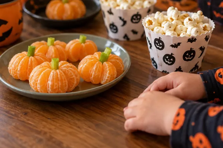 Auf einem Teller liegen geschälte Mandarinen, die wie kleine Kürbisse dekoriert sind; daneben stehen Halloween-Pappbecher mit Popcorn.