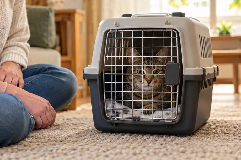 A tabby cat sits inside a closed carrier while its caregiver sits nearby