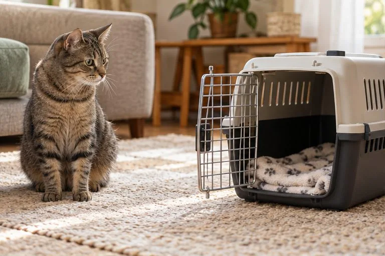 A tabby cat sits near an open carrier with a soft folded blanket inside in a familiar living room