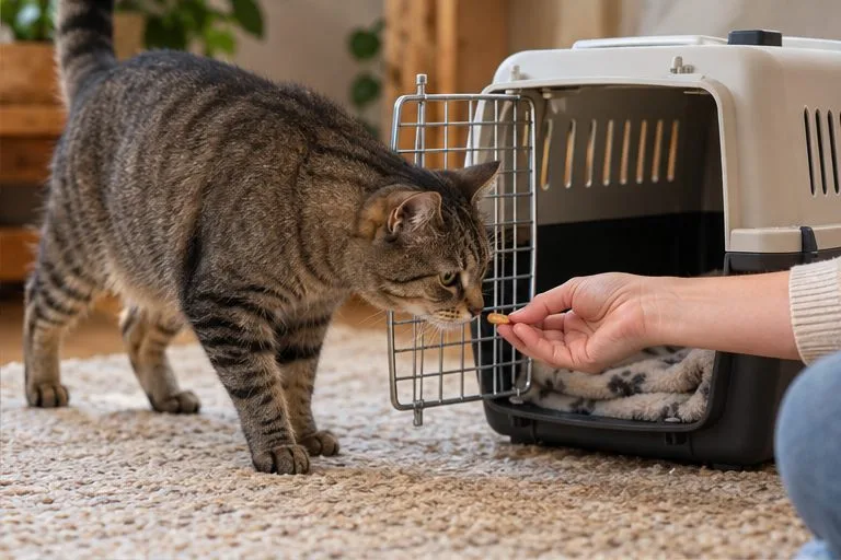 A tabby cat sniffs the entrance of an open carrier while a person offers a small treat