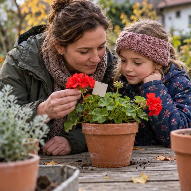 Erwachsene und Kind betrachten die Blüten und das Etikett einer roten Pelargonie im Tontopf