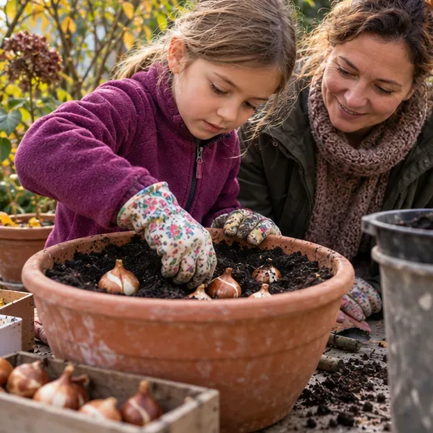 Kind mit Gartenhandschuhen setzt mehrere Blumenzwiebeln in Erde eines großen Tontopfs, eine Erwachsene begleitet es