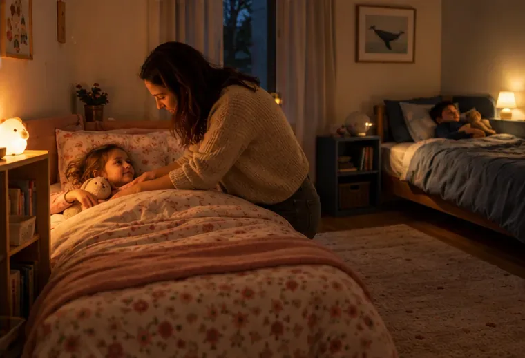 A caregiver tucks one child into bed while a sibling rests on a separate bed in the same room